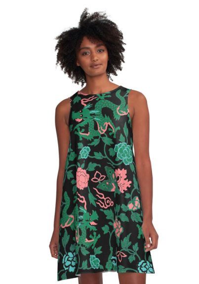 Dragons and Flowers Pattern A-Line Dress - Everything Dragon Shop